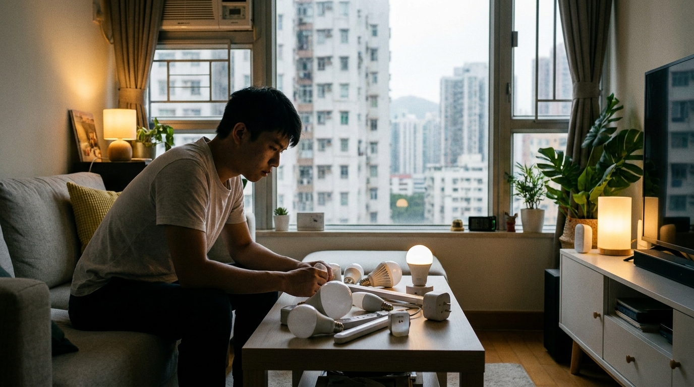 一個香港現代客廳，梳化上有一位後生仔滿面愁容咁望住枱面上幾款唔同形狀嘅智能燈膽同插座，周圍有微弱嘅暖色燈光