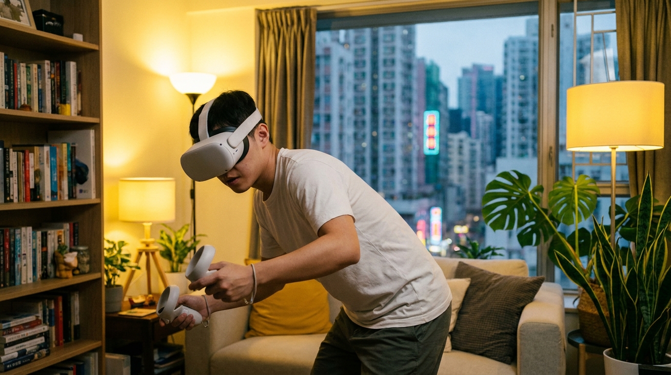 a young man in a modern Hong Kong living room wearing a white VR headset, holding controllers in both hands, leaning forward as if dodging something, with warm yellow lighting and a few green plants in the living room