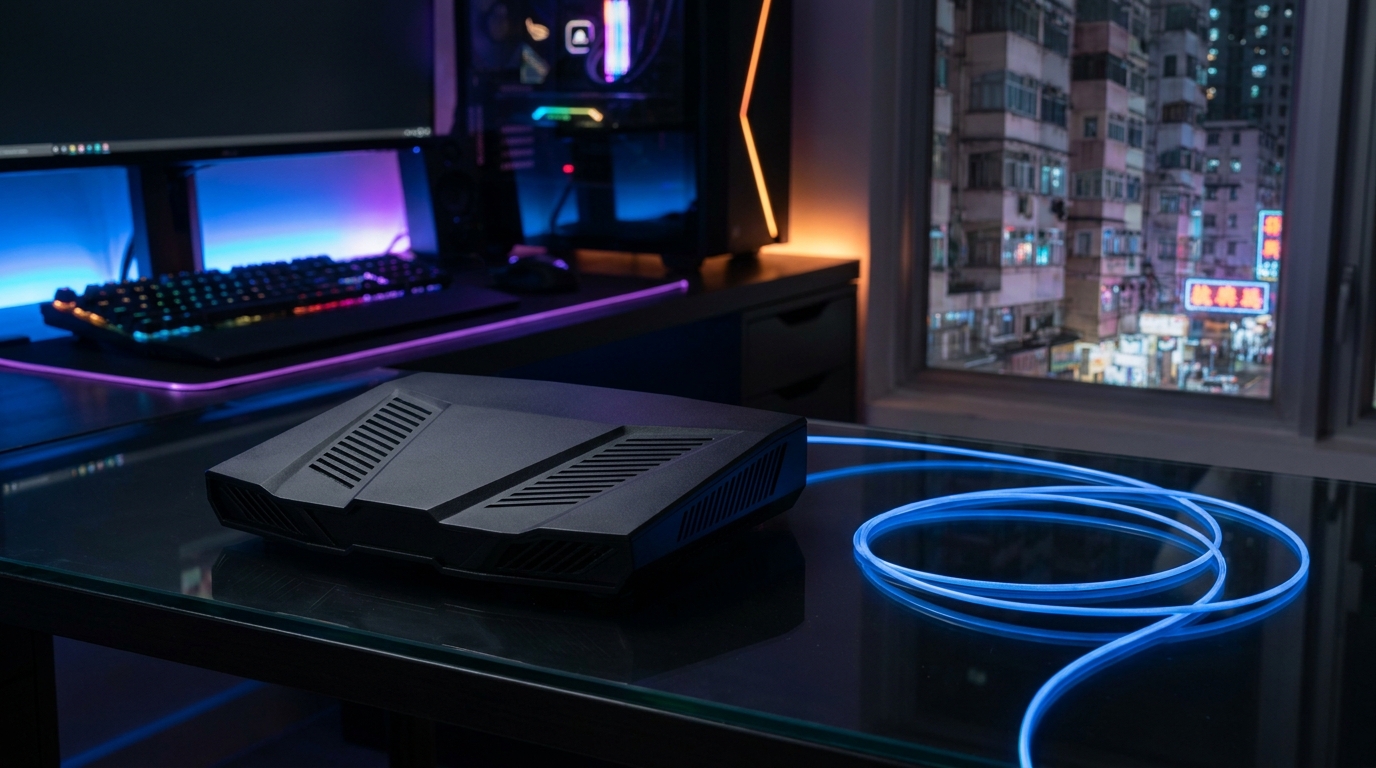 a black sci-fi designed router placed on a dark glass table, next to a fiber optic cable emitting a faint blue light, with a blurred background of PC gaming equipment and RGB lighting effects
