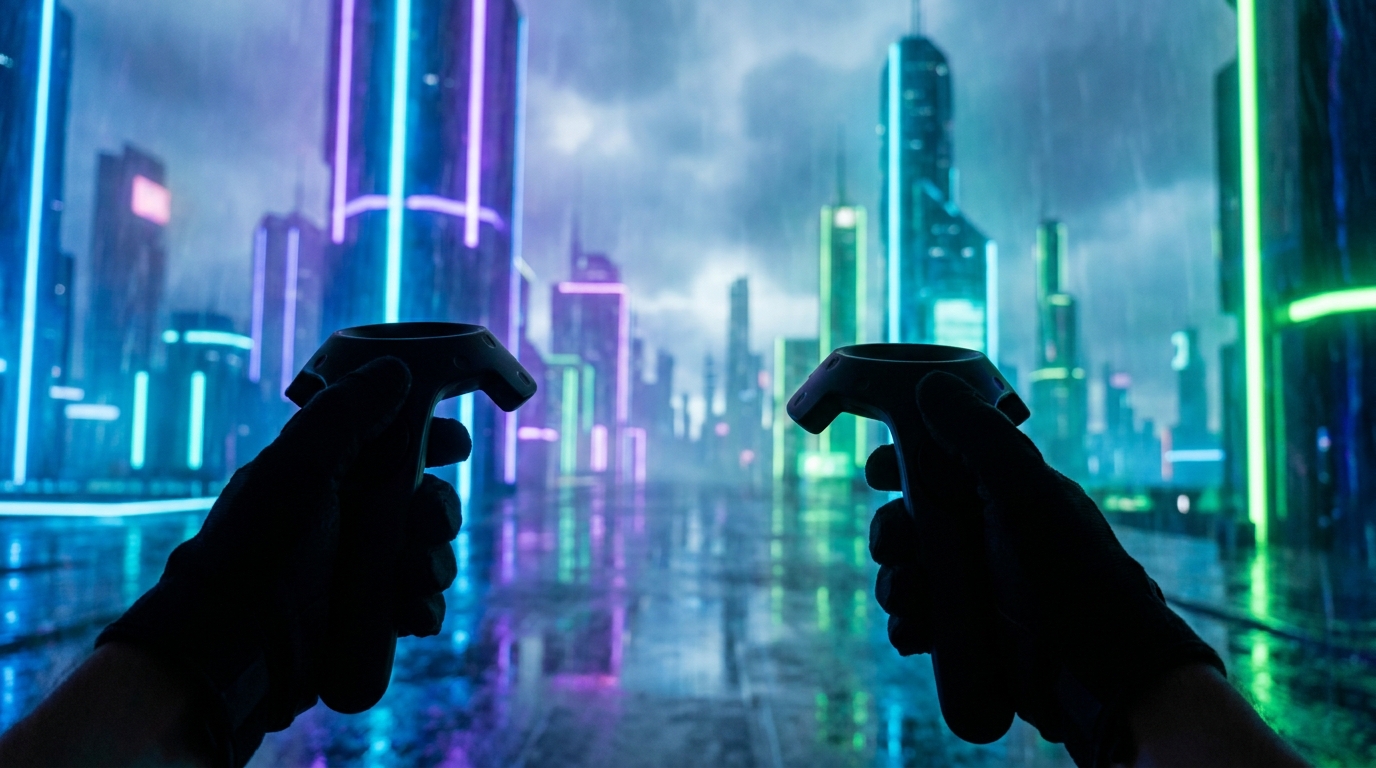 looking forward from a player's first-person perspective, seeing a pair of hands holding VR controllers, with a highly futuristic virtual city environment in the background, flashing neon lights, without any text or logos