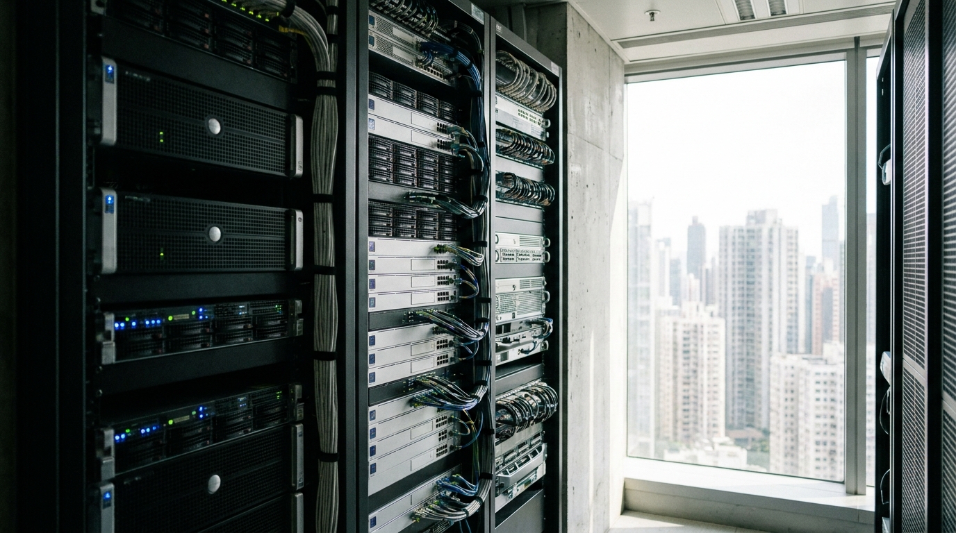 A corner of a server room in a modern office, with several black and silver metal-cased network devices mounted on a rack, flashing blue and green LED indicators, neat and clean wiring, full of a high-tech vibe.
