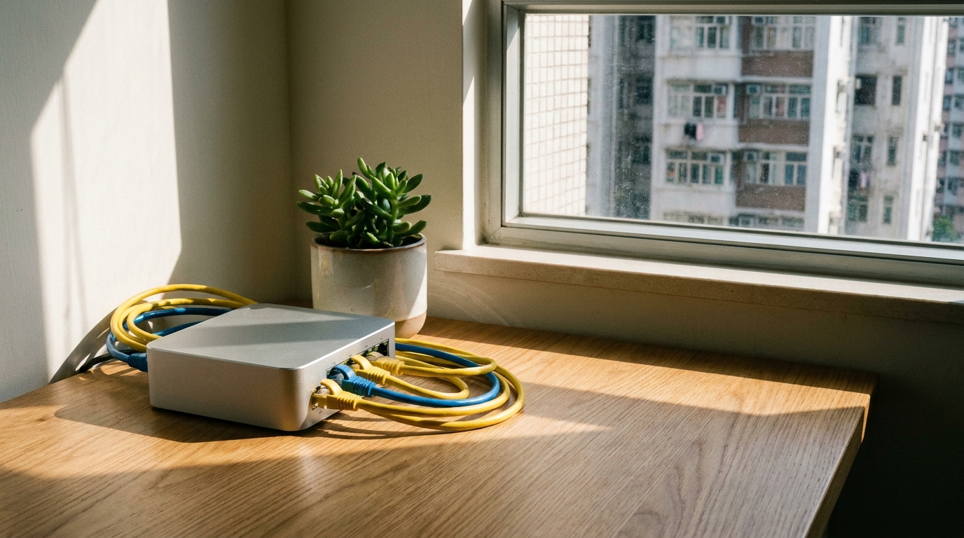 A wooden desk surface with a small silver-grey metal square network device on it. Several yellow and blue network cables are plugged into the back of the box. Next to it is a small green succulent plant, with sunlight shining in through the window, giving a clean and minimalist feel.