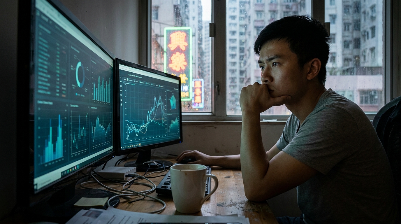 A young man sitting at a computer desk in a dark corner, looking at two monitors. The screens emit a faint glow displaying complex charts. He is resting his head on one hand with a focused expression, and there is a half-empty cup of coffee on the desk.