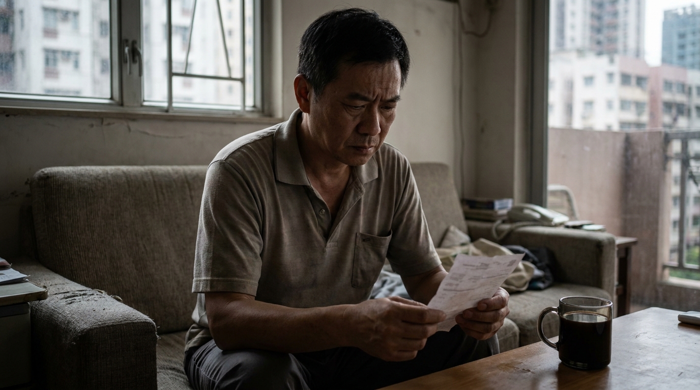 a middle-aged Hong Kong man frowning while sitting on a sofa looking at a paper bill in his hand, a half-drunk cup of coffee nearby, dimly lit