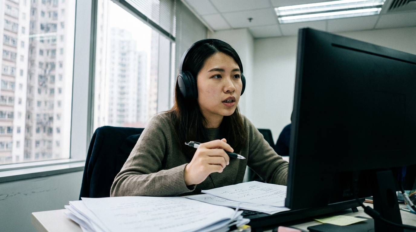 a young woman wearing a headset on a call, sitting in front of a computer, holding a pen in her hand, several documents on the desk, serious expression, bright office lighting