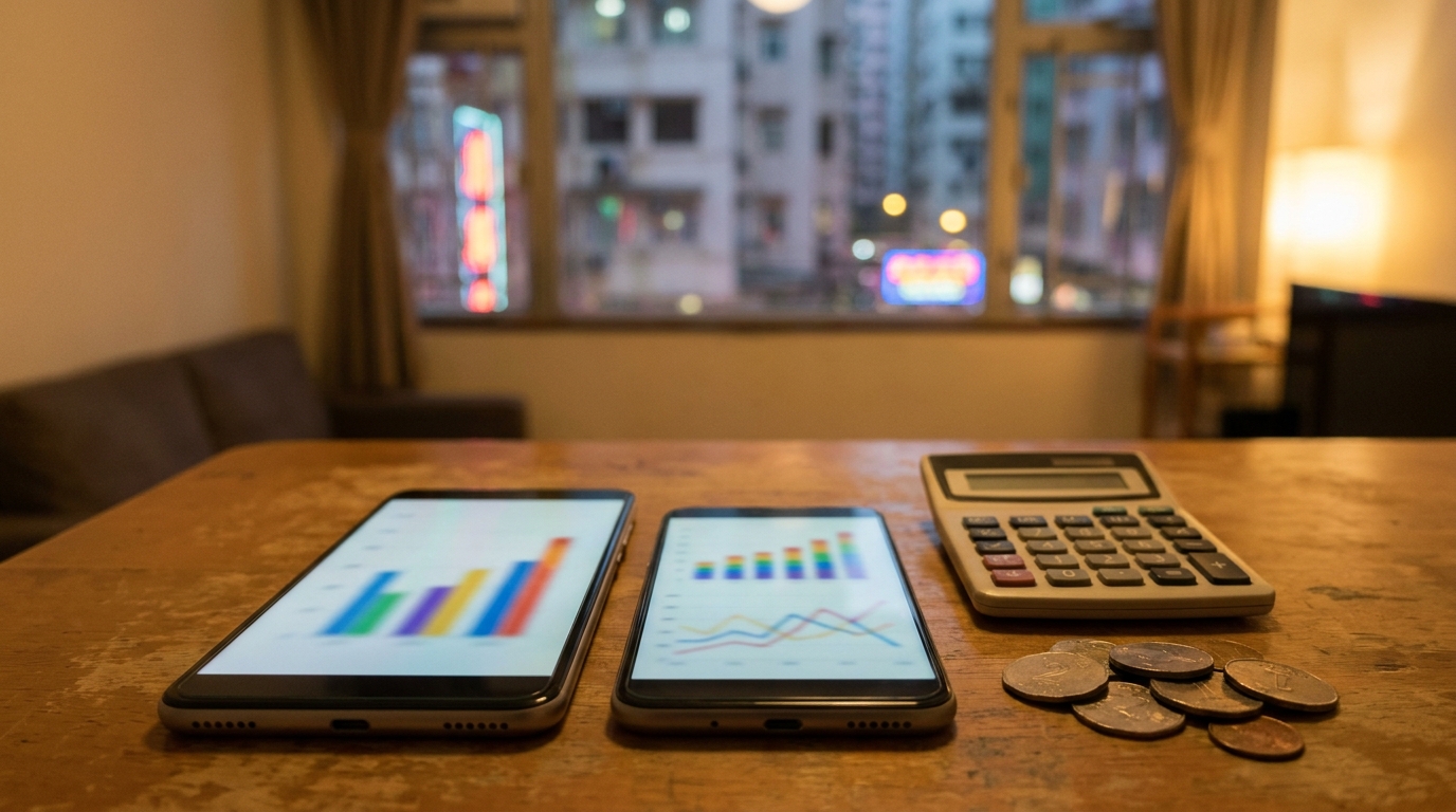 two smartphones placed side by side on a wooden table, screens displaying different colorful charts, a calculator and a few coins nearby, warm indoor lighting