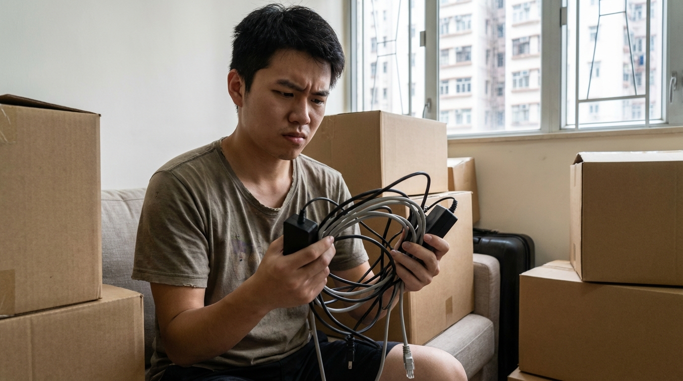 A frowning young Asian man in a living room full of cardboard boxes, holding a tangled mess of internet cables and power adapters, looking very frustrated.