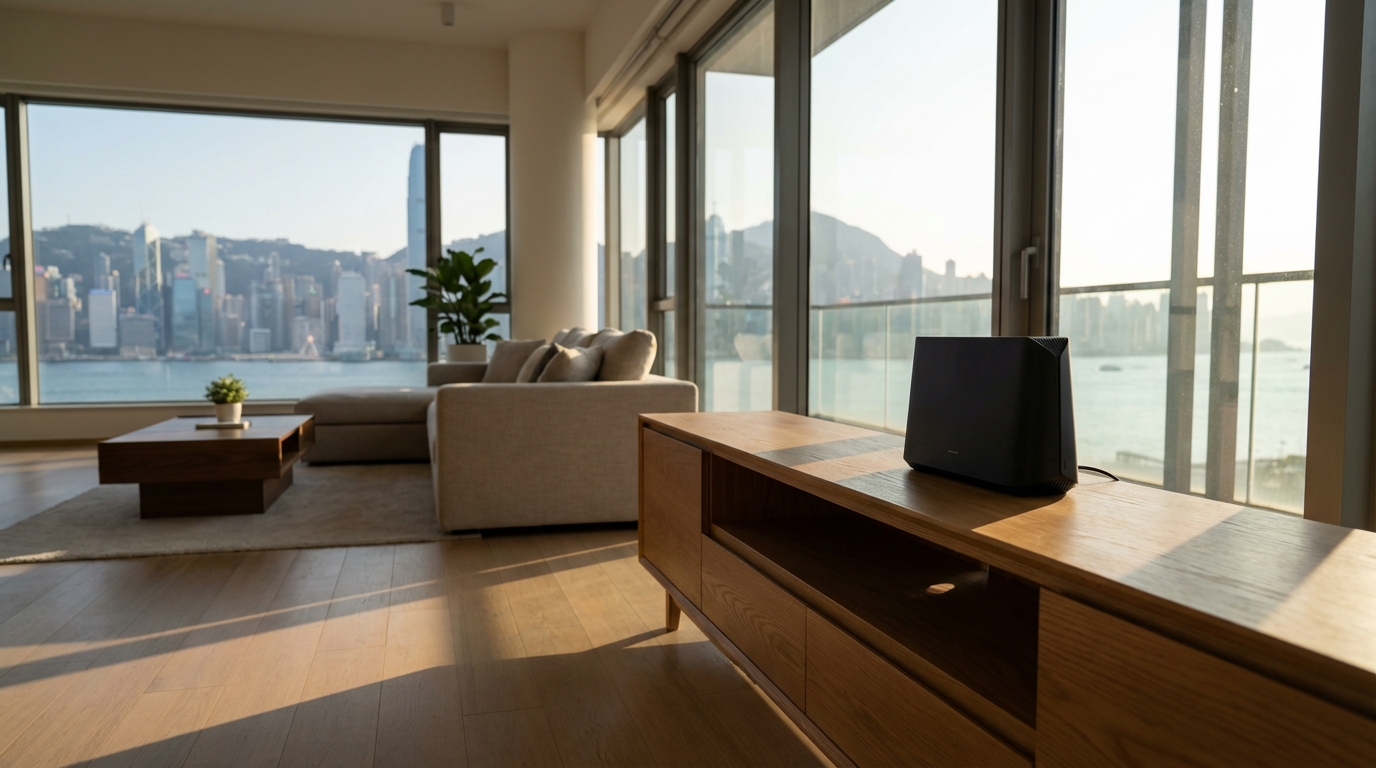 A modern Hong Kong living room with floor-to-ceiling windows overlooking Victoria Harbour, featuring a sleek black router on a wooden TV cabinet, with sunlight streaming in through the window.