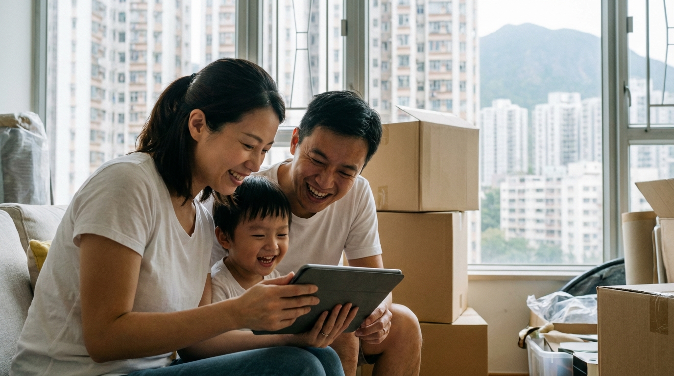 A family of three sitting on a sofa in their newly moved-in home, with several unpacked cardboard boxes in the background. The mother is holding a tablet, while the father and child look at the screen and smile happily.