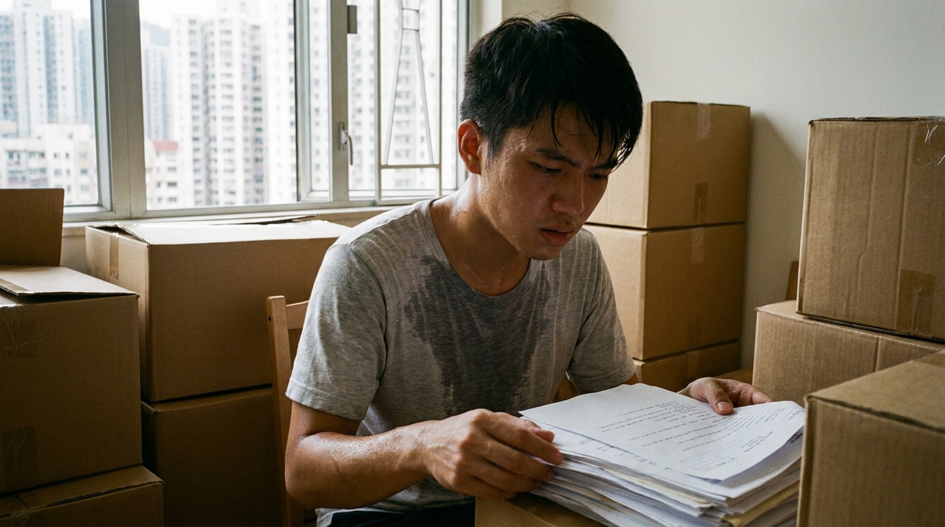 一個年輕香港男士喺推滿紙箱嘅客廳入面，滿頭大汗咁望住手上一疊文件，表情苦惱