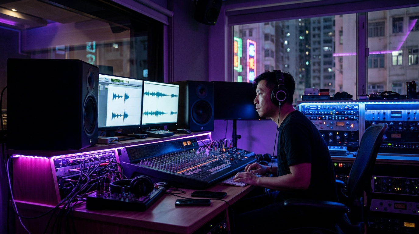 A high-tech music studio setup featuring dual monitors, a large mixing console, and two professional studio monitors on the desk, illuminated by dim purple and blue LED lighting, with a man wearing headphones staring intently at the screen