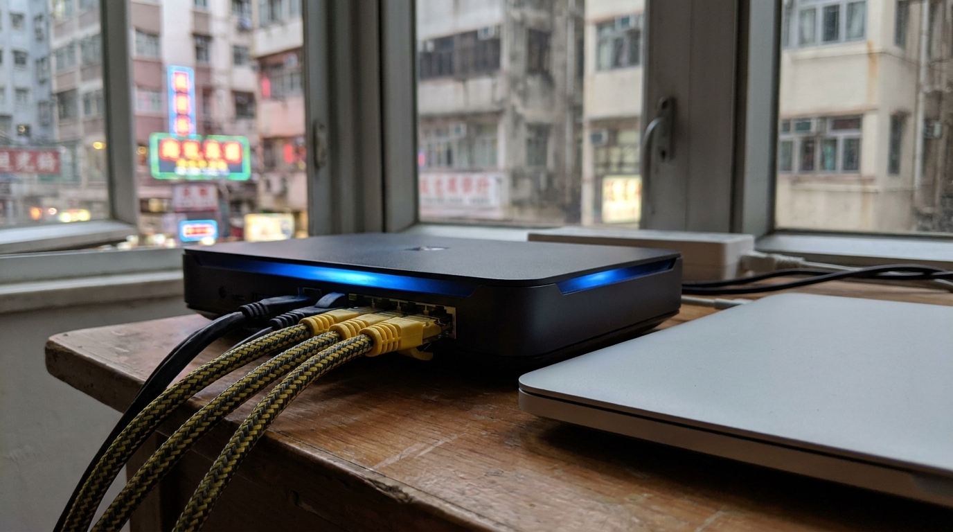 Several thick yellow and black ethernet cables plugged into the back of a high-end router emitting a faint blue light, with a blurred background and the edge of a silver laptop nearby