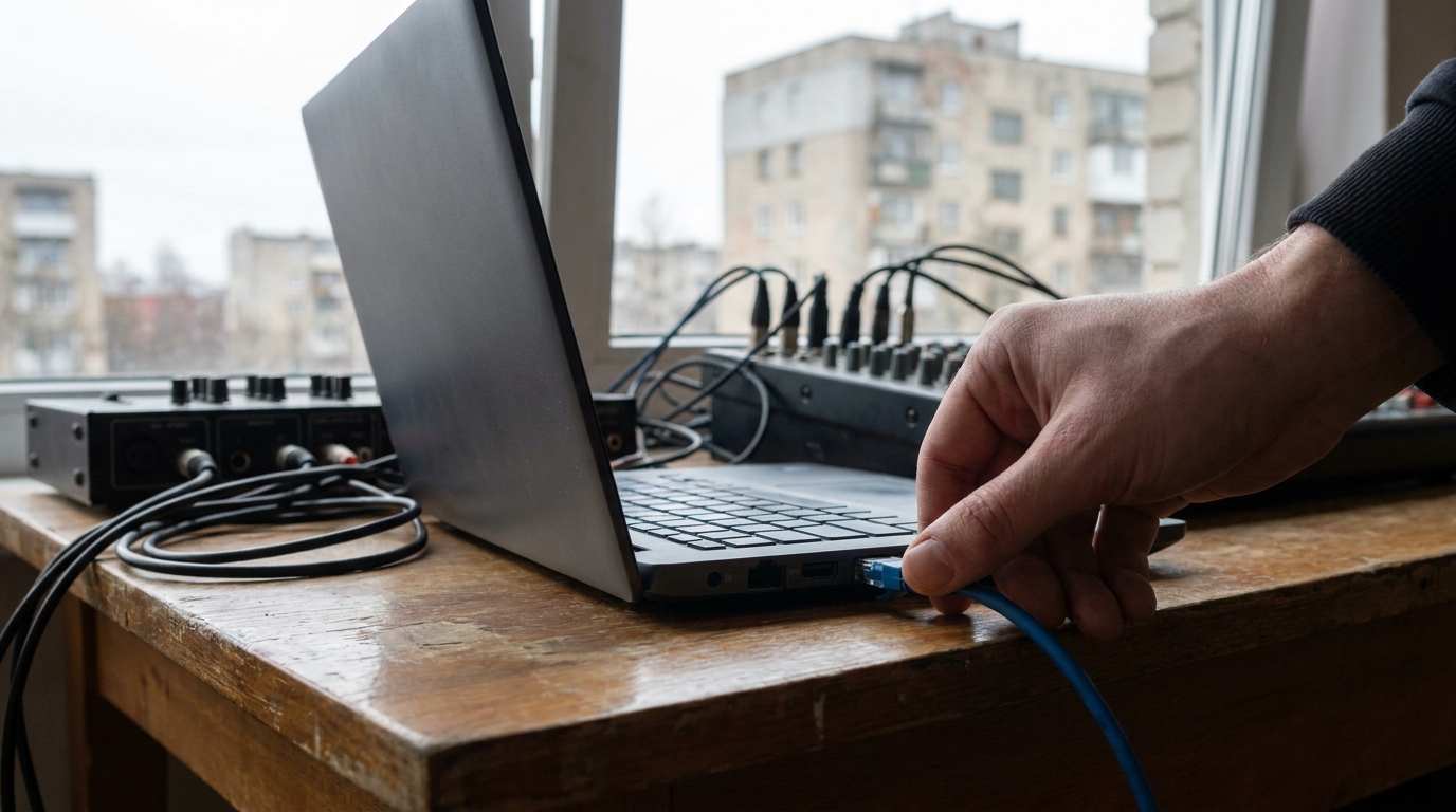 A close-up shot of a hand plugging a blue ethernet cable into the side port of a dark grey laptop, with a wooden desk and some audio equipment in the background