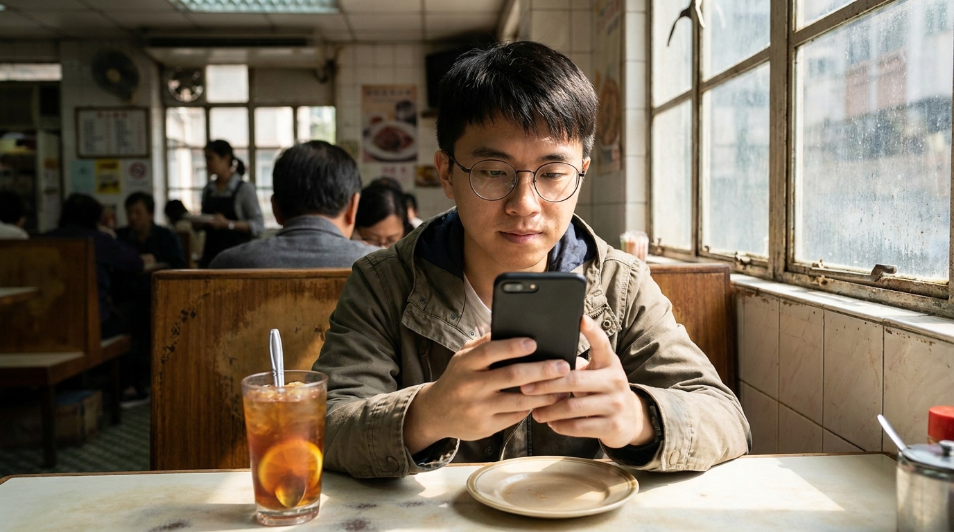 a young man wearing glasses sitting in a Hong Kong cha chaan teng booth, looking intently at a black smartphone in his hand, an iced drink on the table, sunlight streaming in through the window