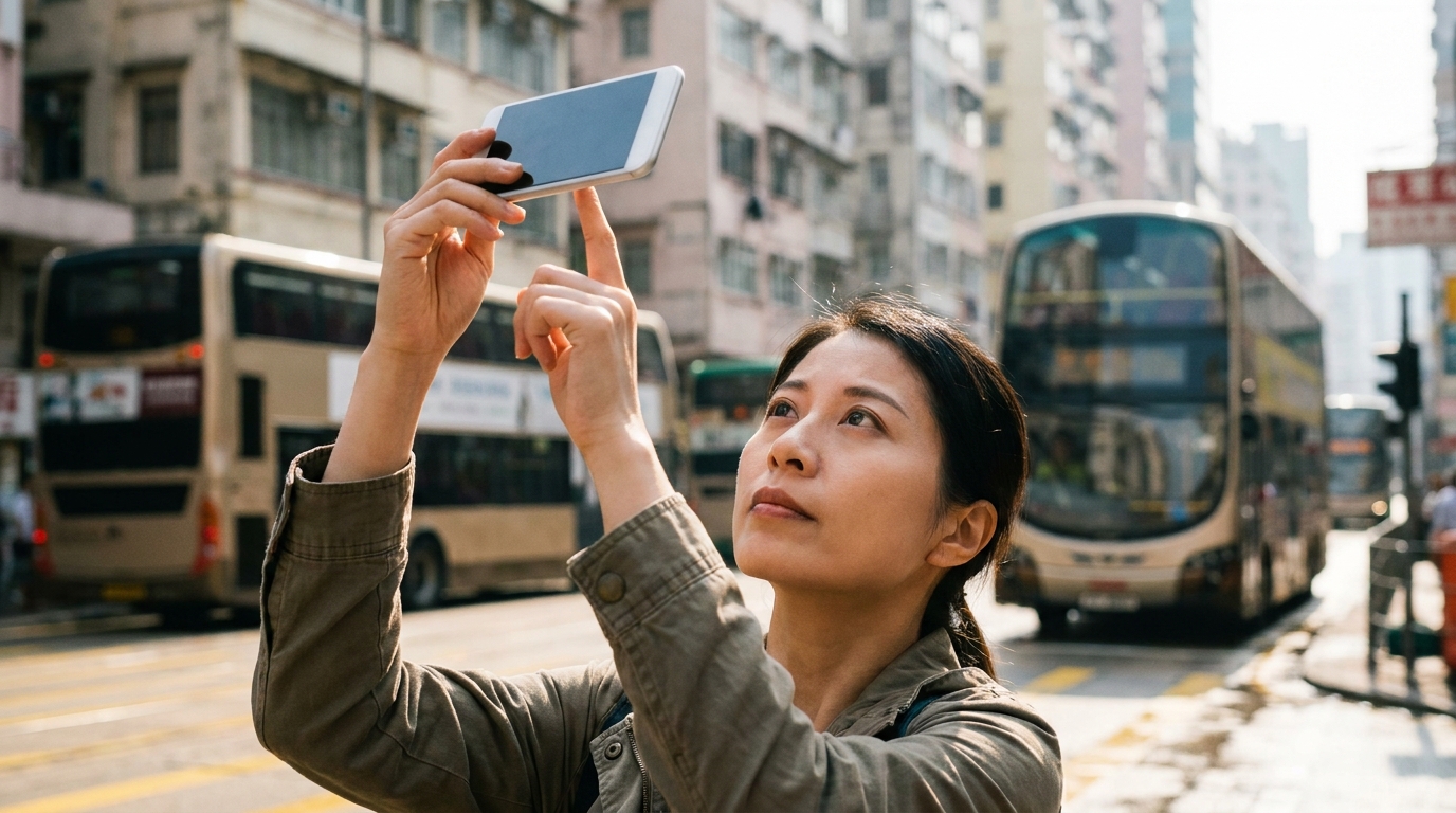 a woman standing on a bustling street, holding up a silver smartphone with one hand as if testing network reception, blurred double-decker buses and tong laus in the background, well-lit