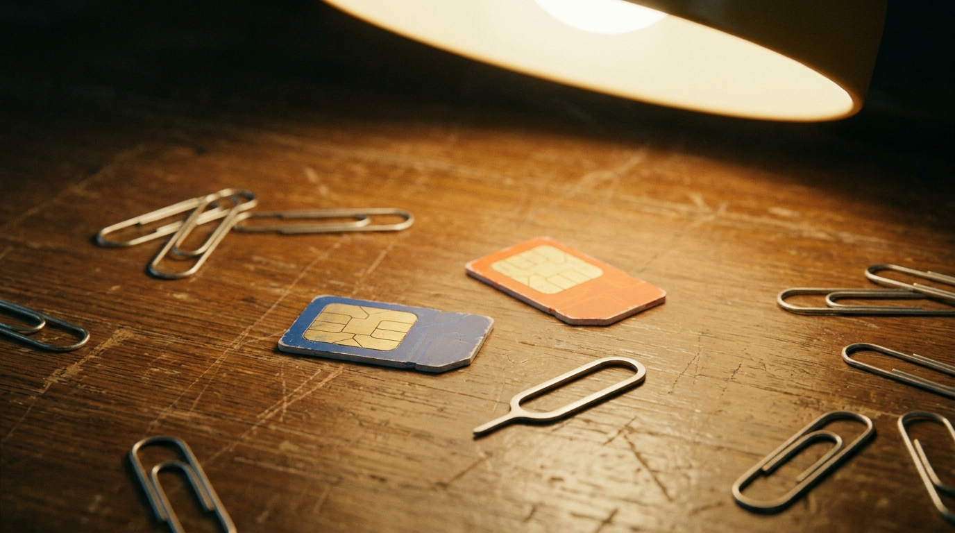 a close-up photo on a wooden table, featuring two different colored plastic SIM cards and a metal SIM ejector tool, with a few scattered paperclips nearby, illuminated by a warm desk lamp from above