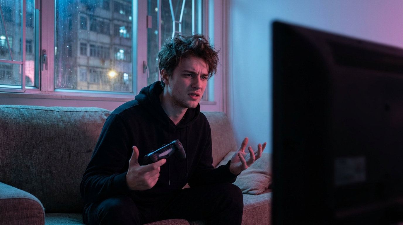 A young man sitting on a sofa in a dim living room, holding a game controller, looking frustrated and gesturing with his hands, ambient neon blue and pink lighting in the background