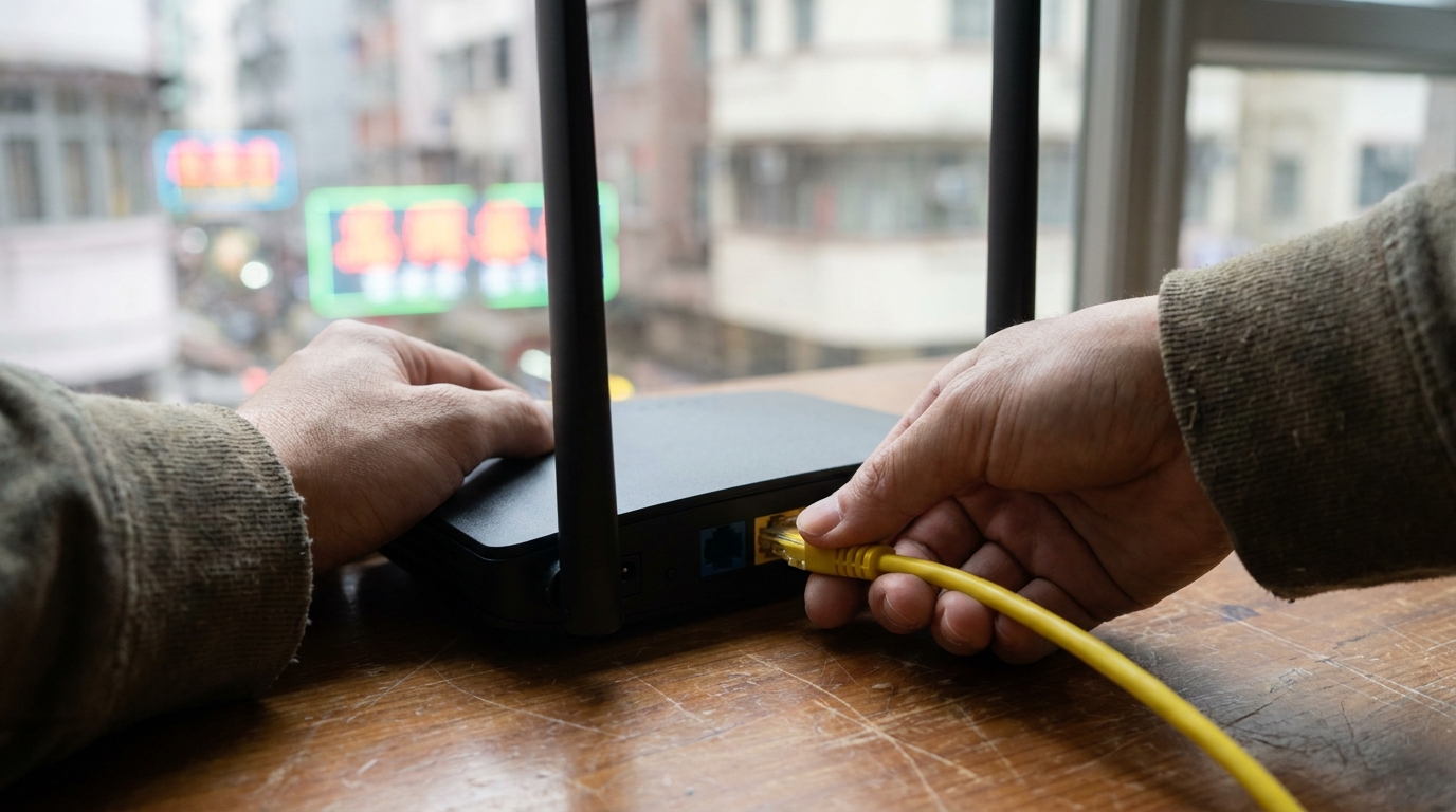 Close-up of hands connecting a yellow ethernet cable into the back of a modern black router on a wooden desk with a blurred background