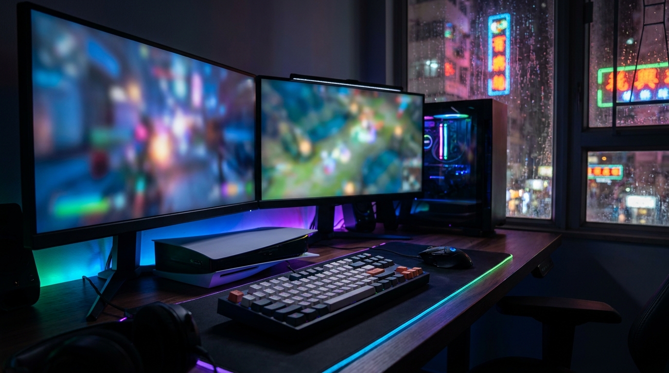 A professional gamer setup with colorful RGB lighting, dual monitors, a mechanical keyboard, and a sleek modern gaming console on a dark desk, moody atmospheric lighting