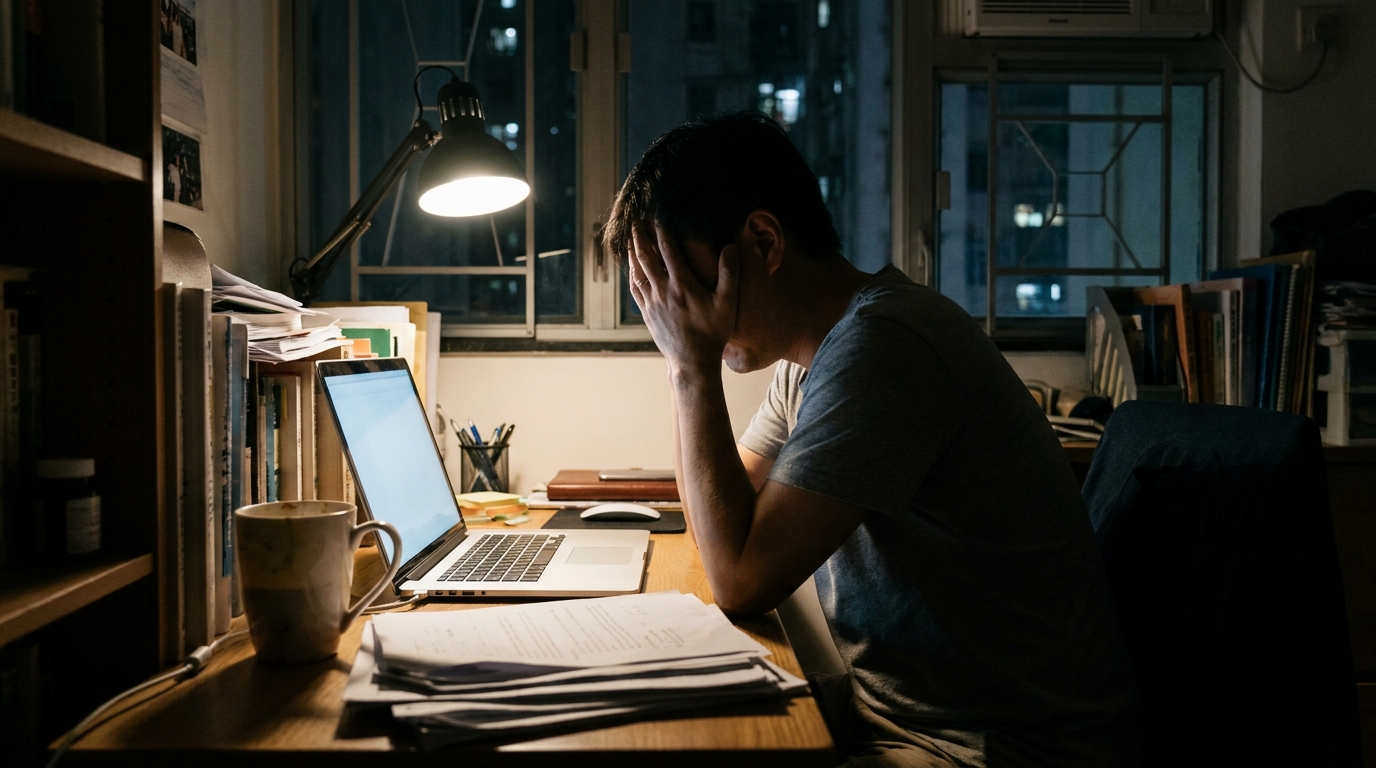 A tired teacher sitting at a desk at night in front of a laptop, the screen emitting a faint glow, the room dimly lit with only a desk lamp shining on the computer, a large unfinished cup of coffee nearby, creating a heavy and exhausted atmosphere.