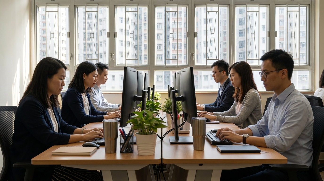 A modern school staff room with several teachers working on computers at their respective desks, sunlight streaming in through large windows, a bright and professional environment, stationery and thermoses on the desks, a focused atmosphere.