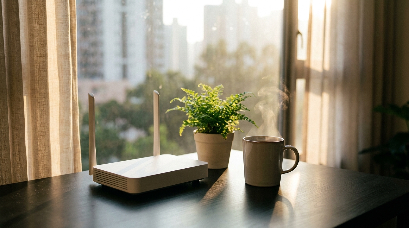 A tidy home workspace, a modern white router placed on a black desk, a cup of hot tea and a small green potted plant nearby, with a blurred background of curtains and warm sunlight, giving a comfortable and peaceful vibe.