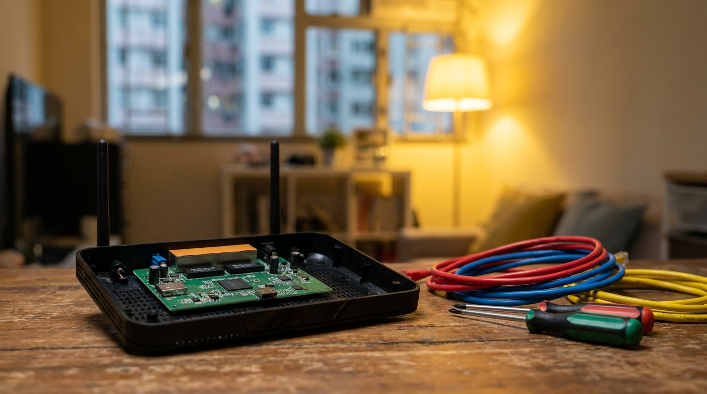 a black router with its casing open on a wooden table, next to a screwdriver and some colorful LAN cables, with soft yellow background lighting