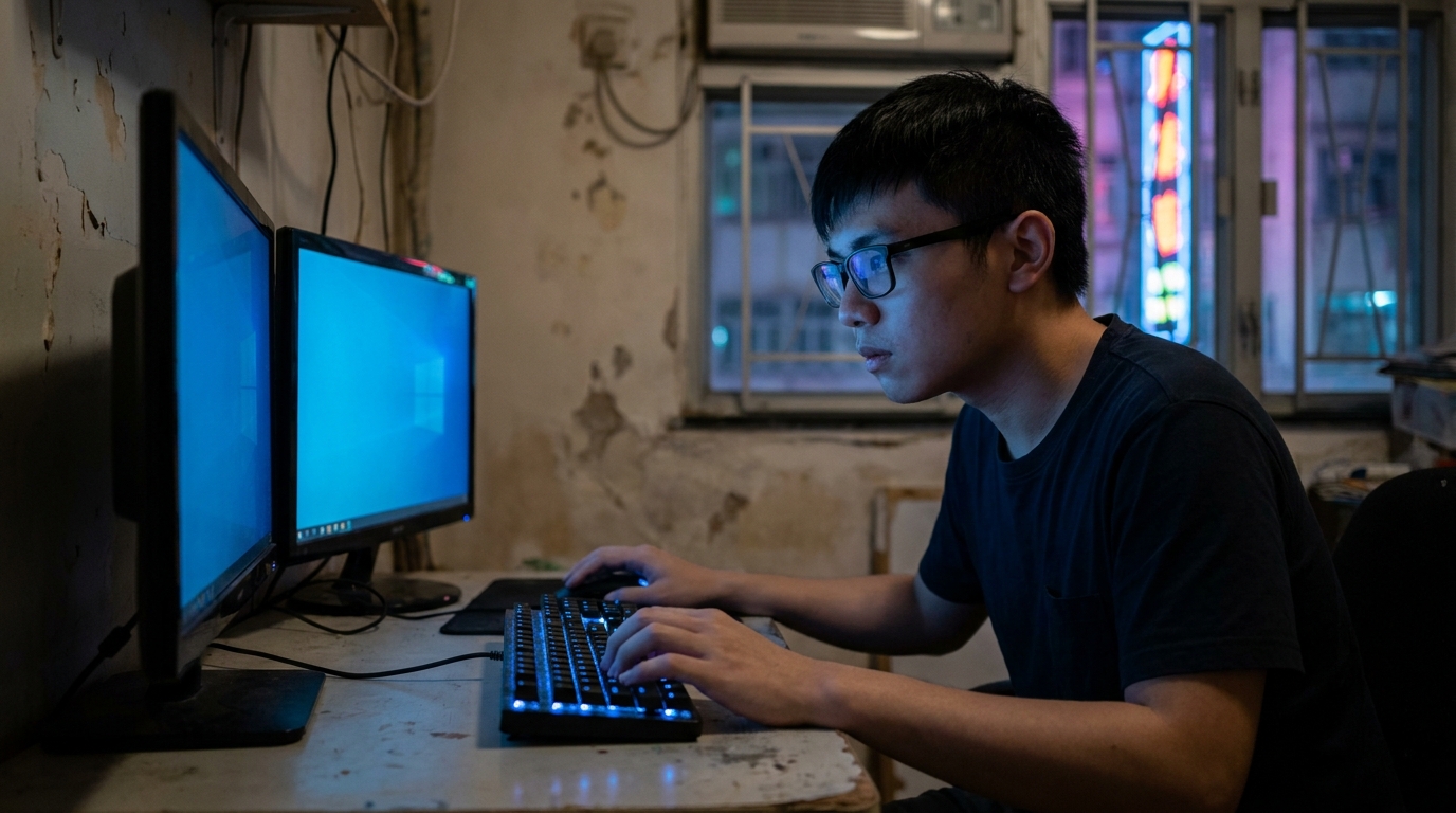 a focused young man wearing black-framed glasses, looking at two computer screens emitting a faint blue light in a dimly lit room, with his hands resting on a mechanical keyboard