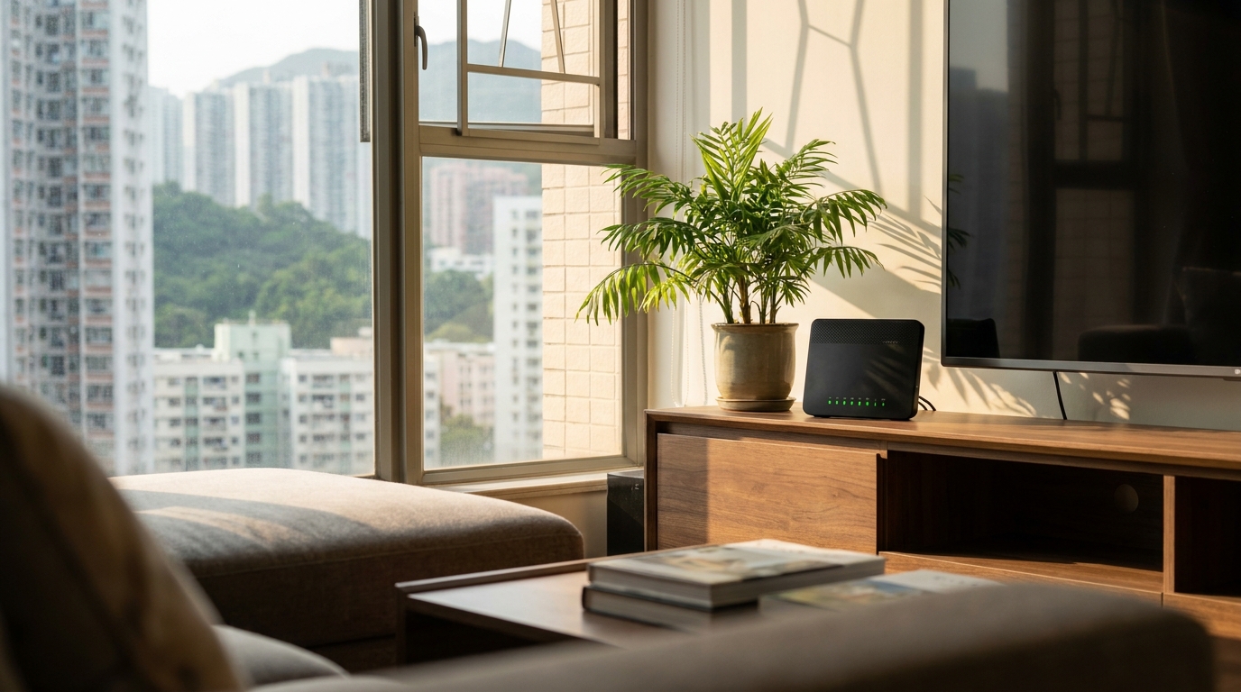 a modern Hong Kong living room, with a black router showing several green indicator lights sitting on a TV cabinet next to a green potted plant, with sunlight streaming in through the window