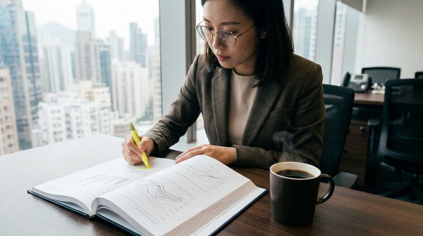 一位戴眼鏡嘅專業女顧問，坐喺深木色辦公枱前，用螢光筆喺一份厚厚嘅文件上畫重點，旁邊有一杯冒煙嘅黑咖啡