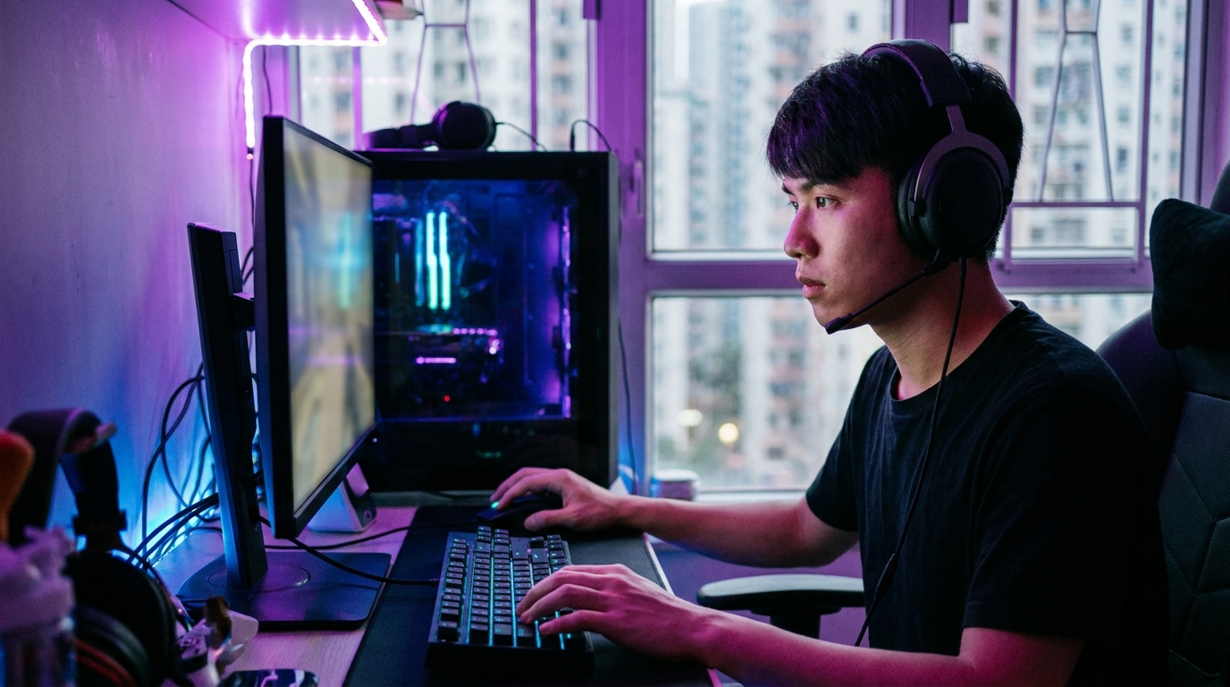 a young man wearing a professional gaming headset, fully focused on a glowing computer screen while gaming in a room filled with purple and blue RGB lighting, hands on a mechanical keyboard and gaming mouse