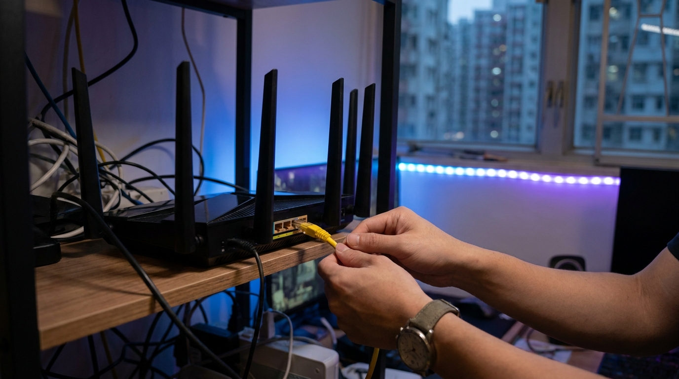 two hands plugging a yellow network cable into the back of a black high-end router with multiple antennas, blurred background with faint gaming lights