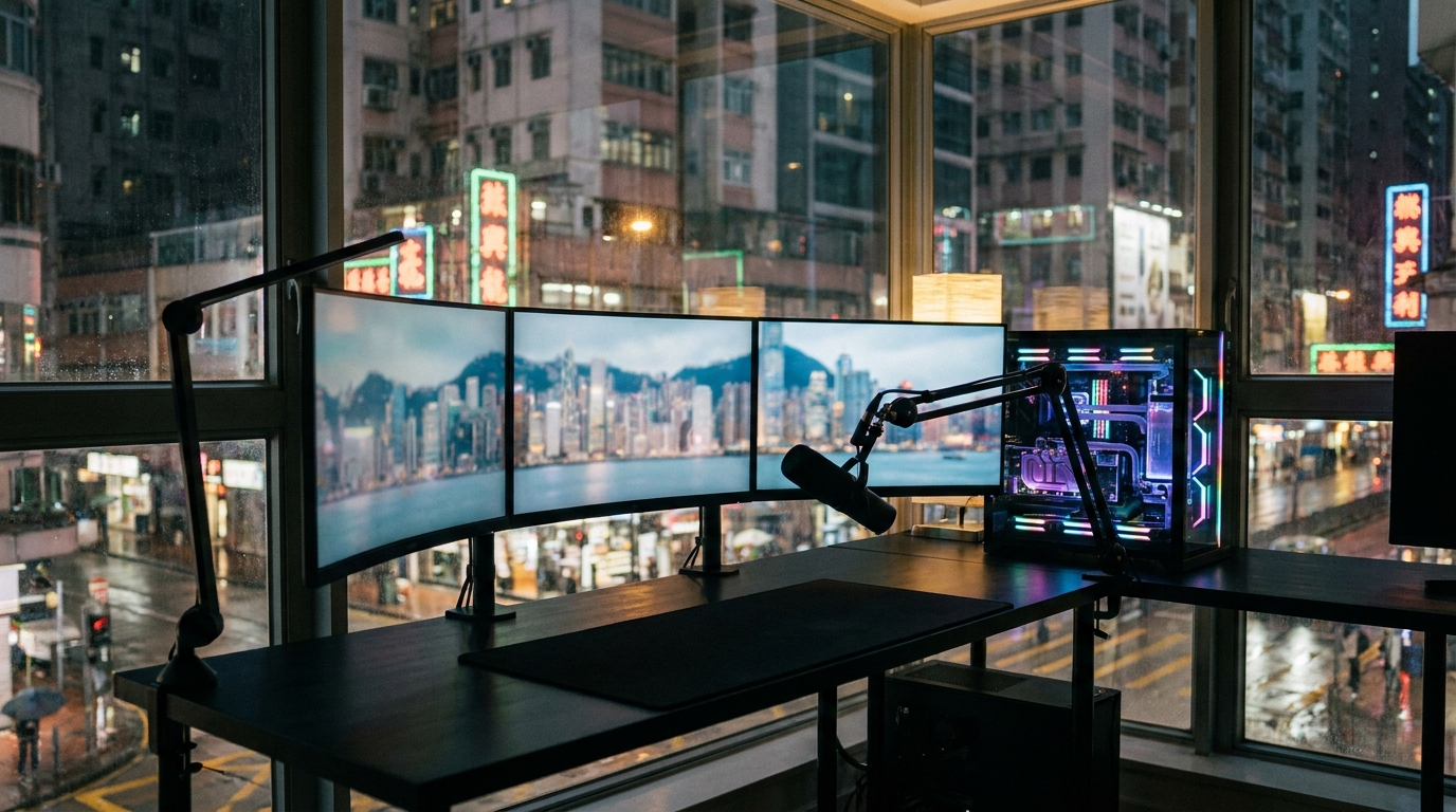 a clean and tidy black gaming desk with three curved monitors, a professional microphone, and a glowing water-cooled PC case, with Hong Kong's bustling night view faintly visible outside the window