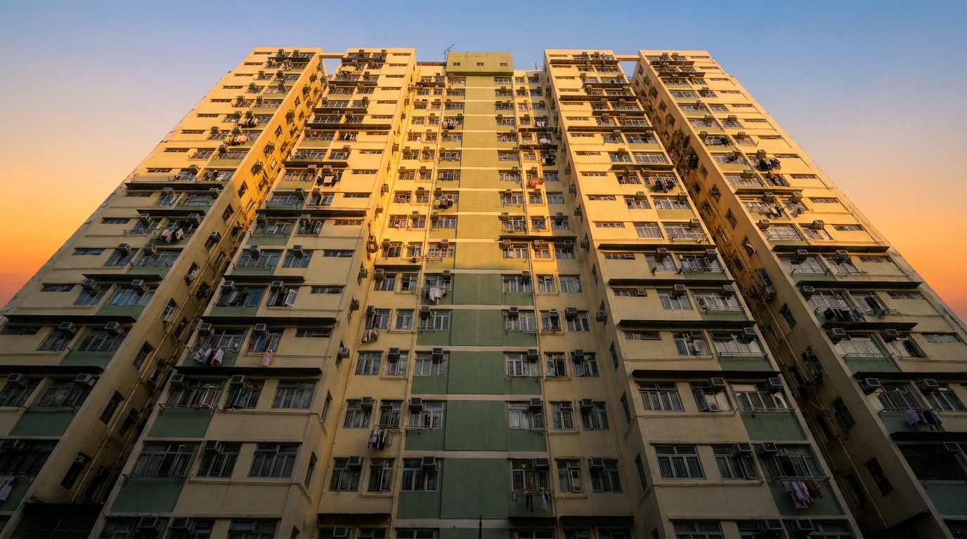 Looking up from the ground at a typical high-rise public housing estate in Hong Kong, with alternating pale yellow and green exterior walls, densely packed units, warm dusk sunlight hitting the building, and a gradient orange-blue sky.
