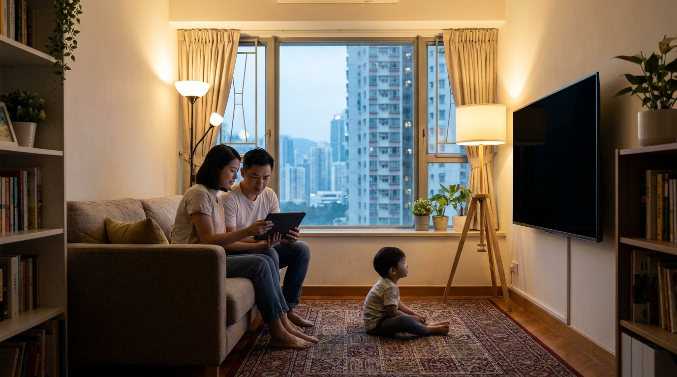 A family sitting in a cozy and comfortable living room, parents on the sofa using a tablet, a child nearby watching a large smart TV, soft indoor lighting, showing the atmosphere of the whole family enjoying a smooth internet connection.