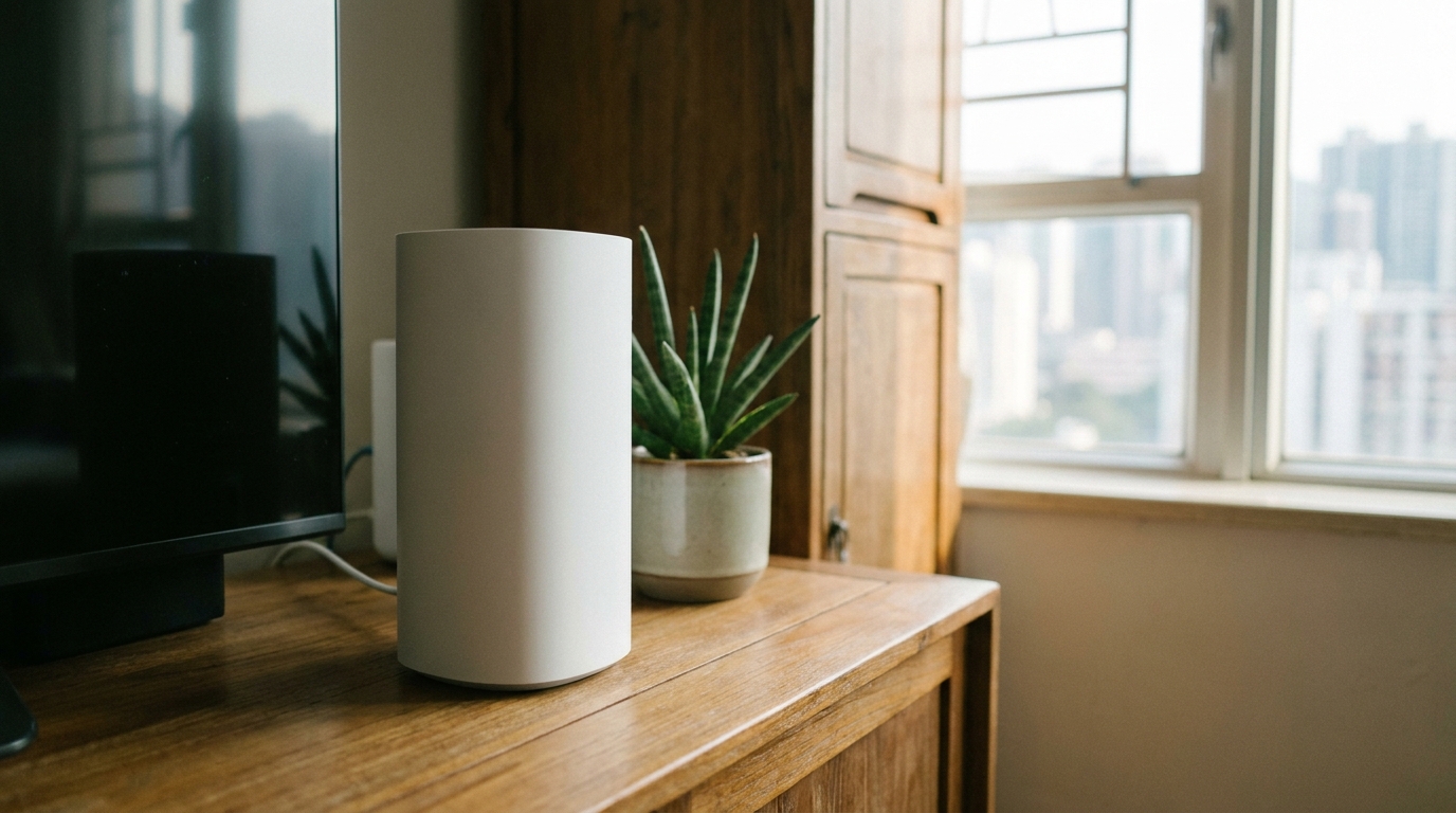 A modernly designed white cylindrical wireless router placed on a wooden TV cabinet, with a small potted green plant next to it, in soft and comfortable indoor lighting.