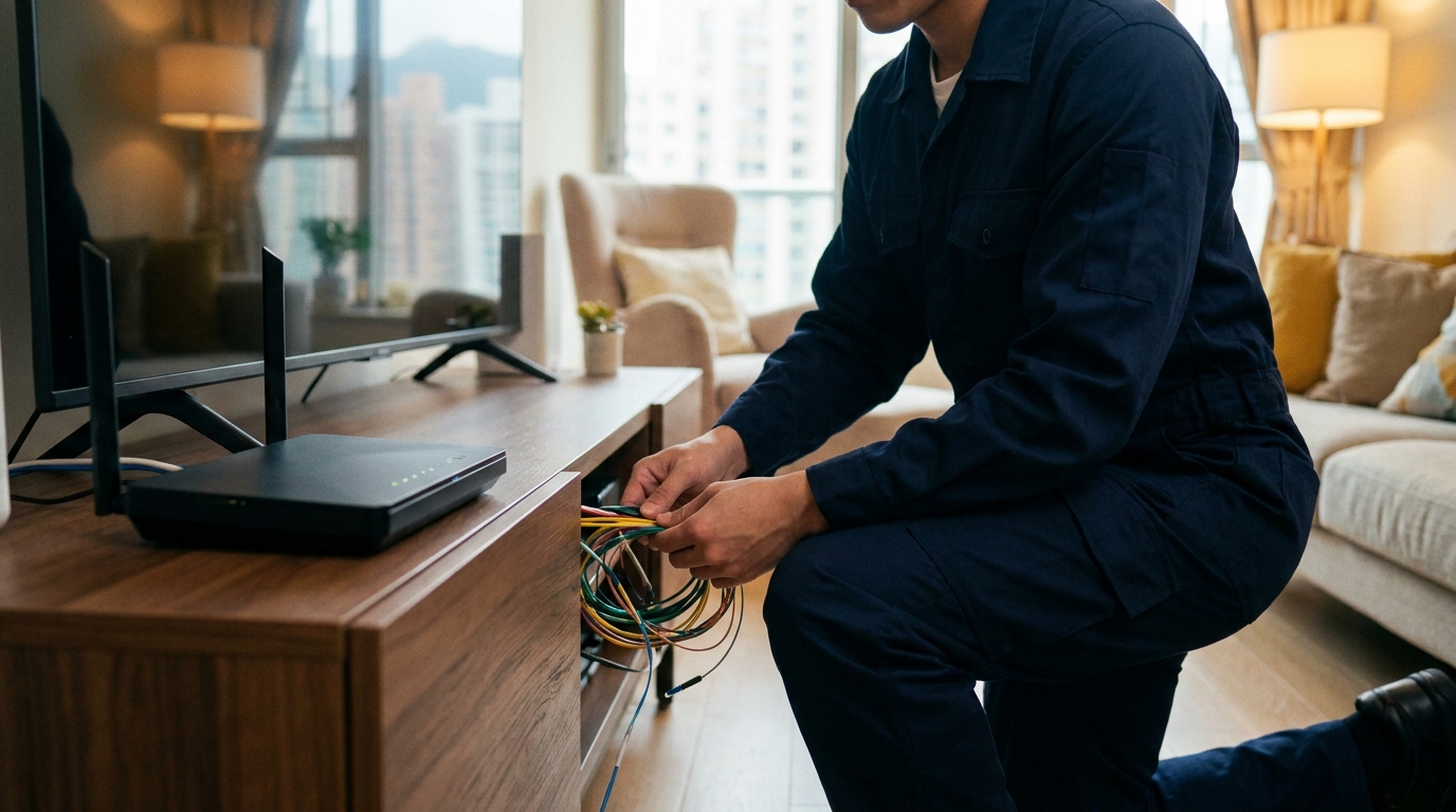 一個穿著整齊制服嘅技工，正喺一個現代化家居嘅電視櫃後面整理緊一堆光纖線材，旁邊有個發光嘅黑色路由器，背景有溫暖嘅室內燈光