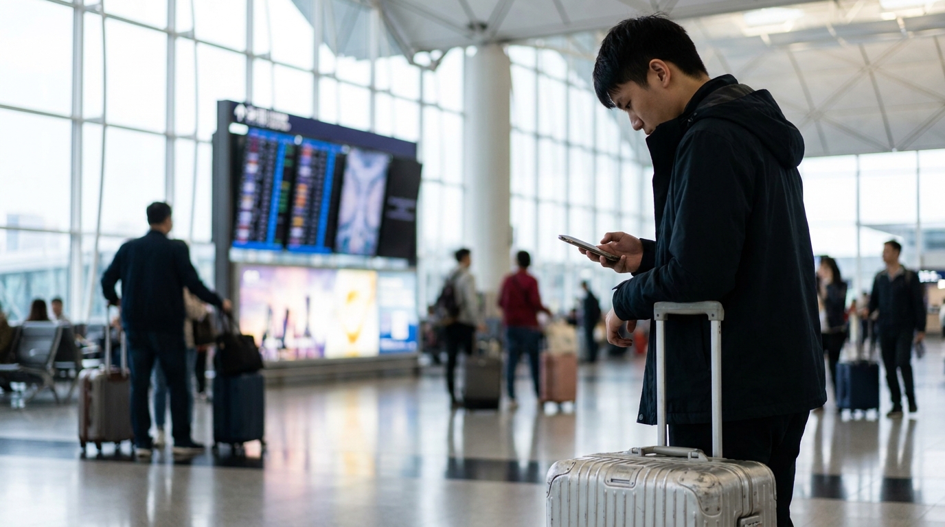 a young man pulling a silver suitcase in the Hong Kong International Airport departure hall, looking down intently at his smartphone, with a blurred flight information display and rushing travelers in the bright background