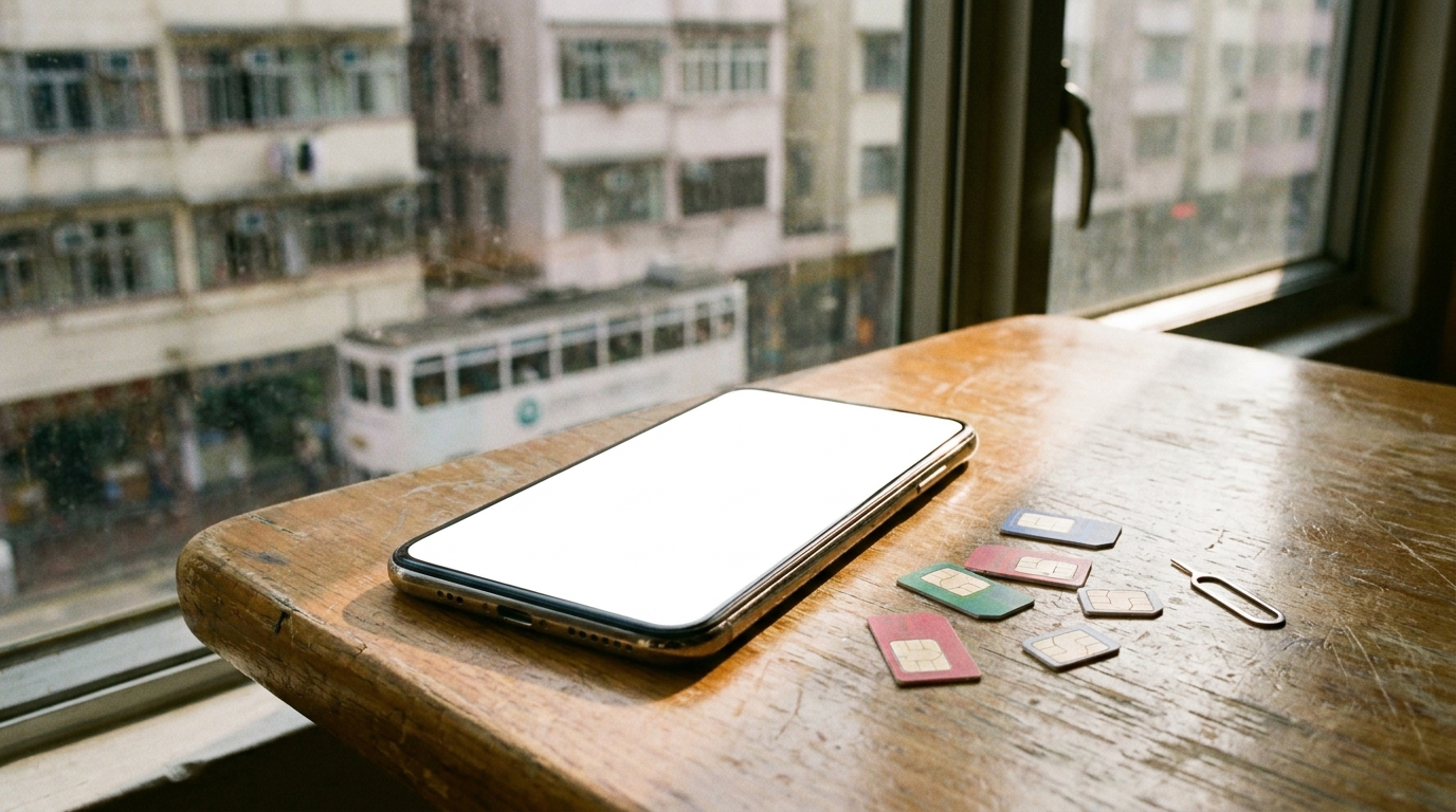 a blank smartphone resting on a wooden table, next to several colorful plastic SIM cards of different sizes and a metal SIM ejector tool, with sunlight streaming in from a window creating soft shadows
