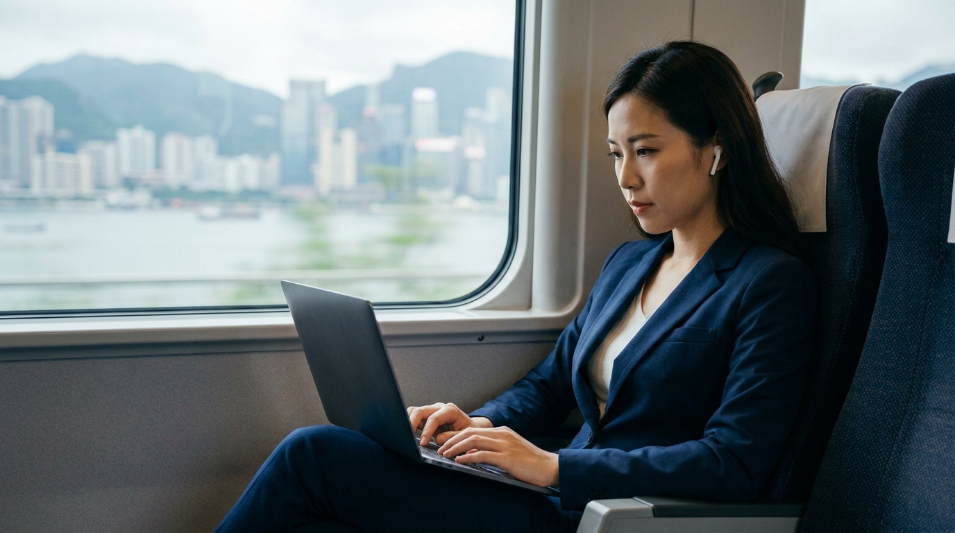 a businesswoman in a navy blue suit sitting by the window in a high-speed train carriage, with an open laptop on her lap, wearing wireless earbuds and looking intently at the screen as the scenery blurs past outside