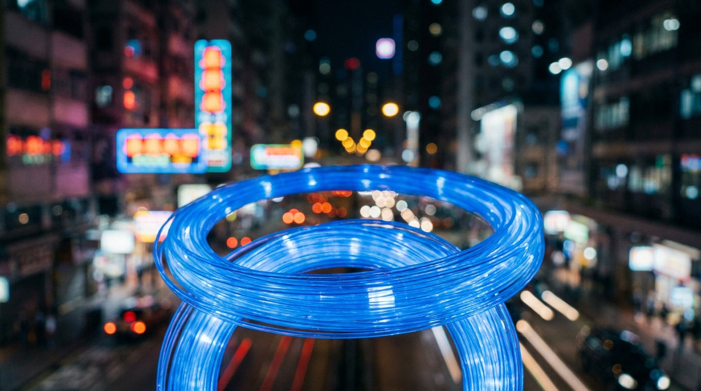 一條發光嘅藍色光纖線纜特寫，背景係模糊嘅城市夜景，象徵住極速、穩定嘅寬頻網絡連接。