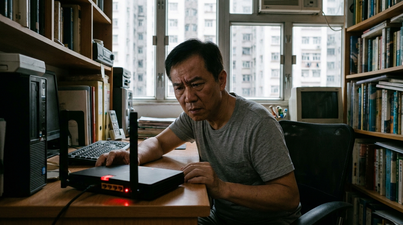 a man sitting at a computer desk, frowning at a black router with a red light on, in a cozy, dimly lit study