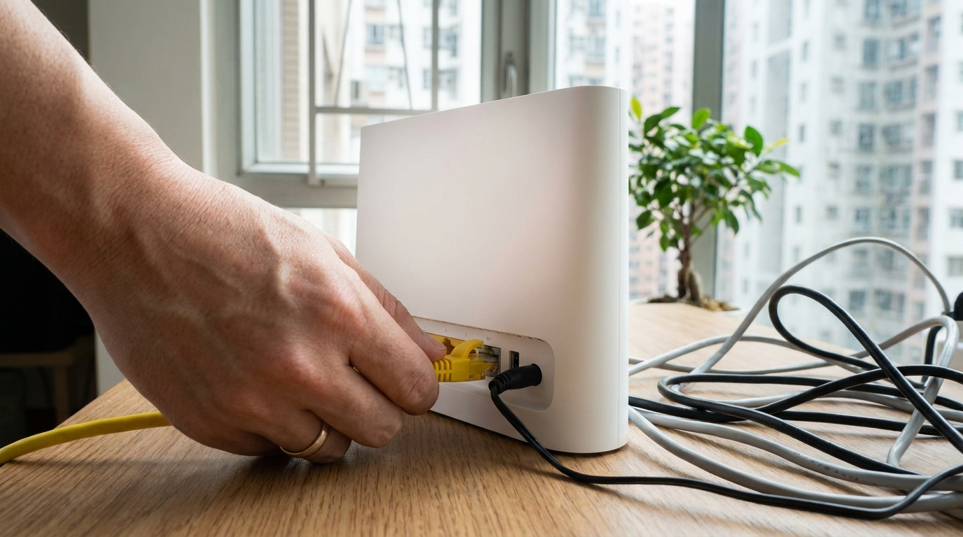 a hand plugging a yellow LAN cable into the back of a modern white router, with other cables nearby, against a wooden desk background