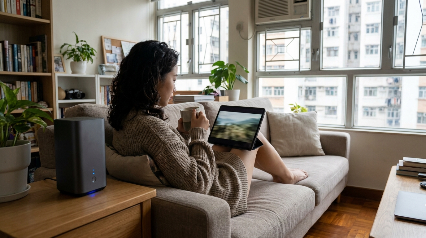 a young woman sitting on a living room sofa, drinking coffee while smoothly watching a video on a tablet, with a modern router emitting a blue light nearby, in a relaxed and cozy atmosphere