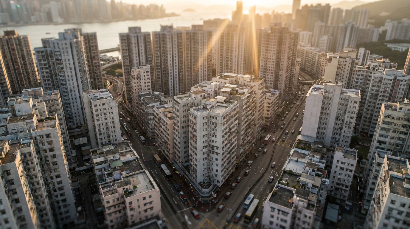 aerial view of densely packed high-rise buildings in Kowloon East Hong Kong, with golden sunset light piercing through the structures, showcasing the dense urban living environment and streets