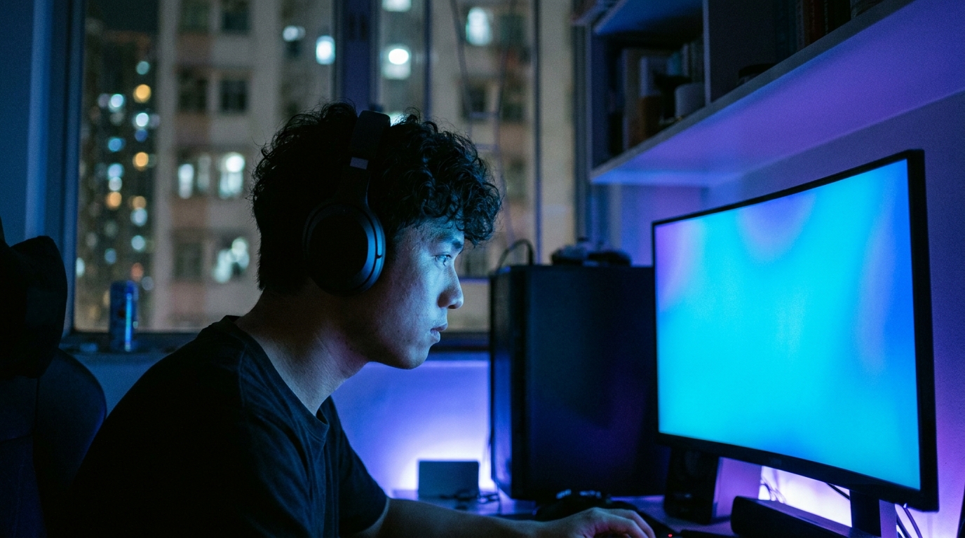 a young man sitting in a dimly lit room wearing headphones, looking intently at a glowing computer screen in front of him, with the room decorated in blue and purple ambient lighting