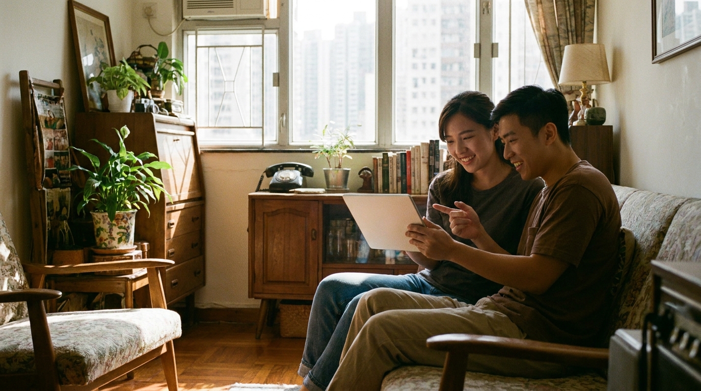a young couple sitting on a living room sofa, looking at a tablet together and discussing, with a cozy living room setup and sunlight streaming in from the window