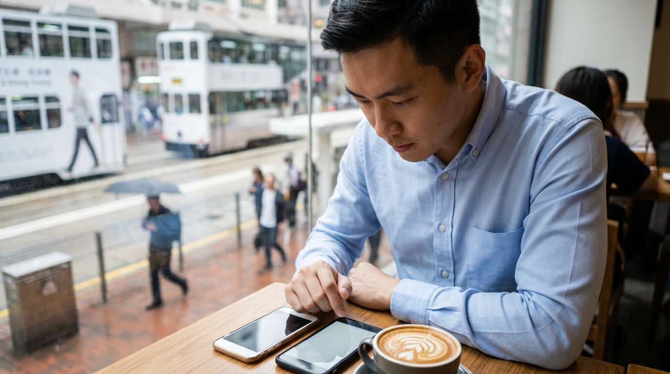 an Asian man in a neat shirt sitting by the window of a coffee shop, with two smartphones on the table, looking attentively at one of the screens, with a latte art coffee next to him