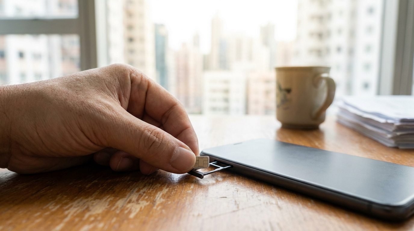 close-up on an office desk, a hand inserting a tiny SIM card into a smartphone's SIM tray, blurred background, bright natural lighting