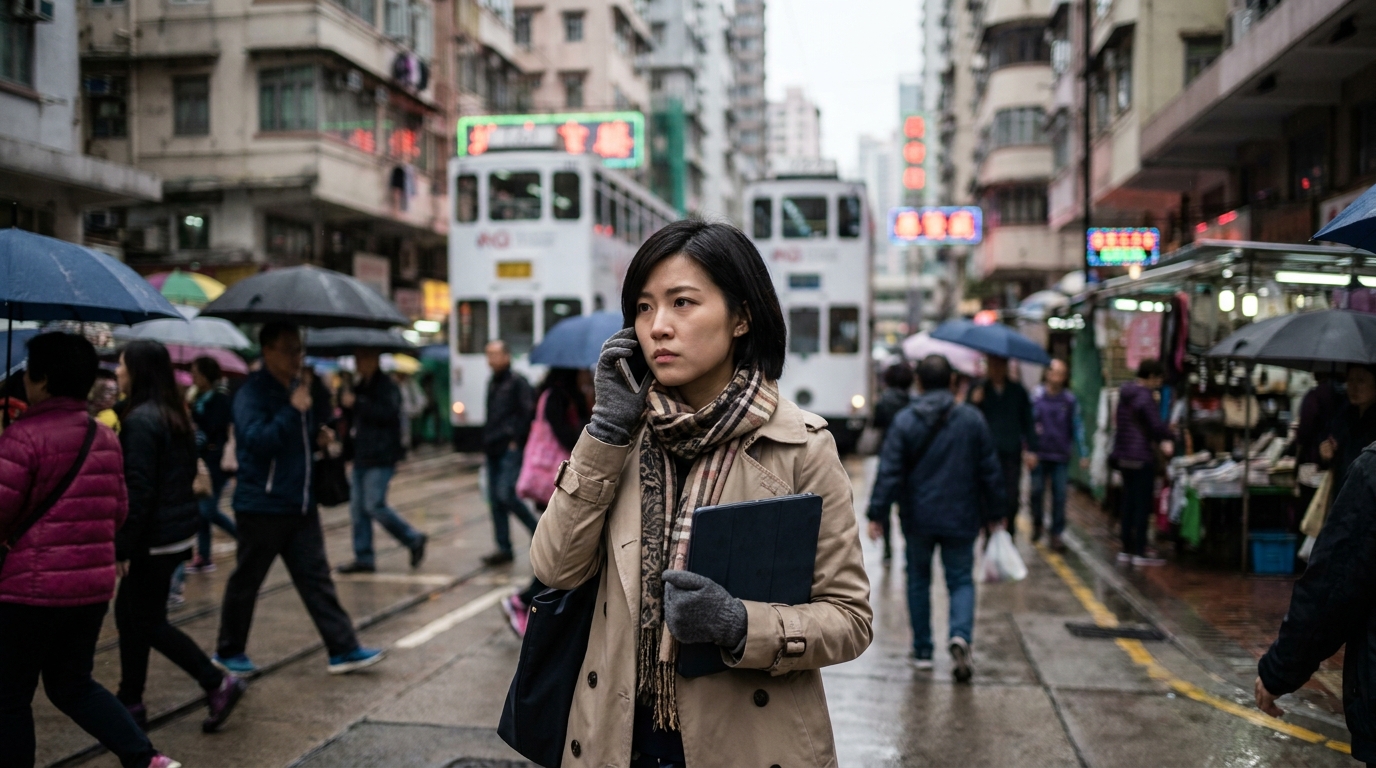 a young woman walking on a busy street in Hong Kong, holding a tablet in one hand and a smartphone to her ear with the other, looking serious